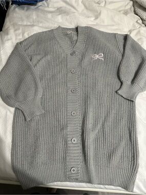 J for Justify Light Gray Button-Front Knit Cardigan with Pink Bow